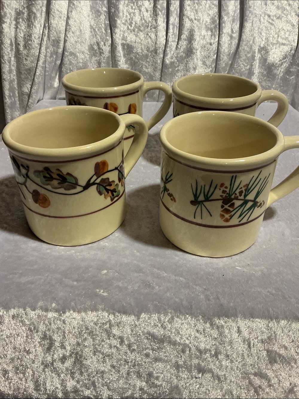 Ceramic Cream Mug Set with Hand-Painted Botanical Design - 4 Pack